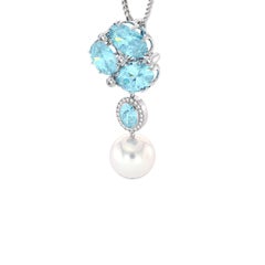 Diamonds Blue Topaz White South Sea Pearl 14K Gold Pendant