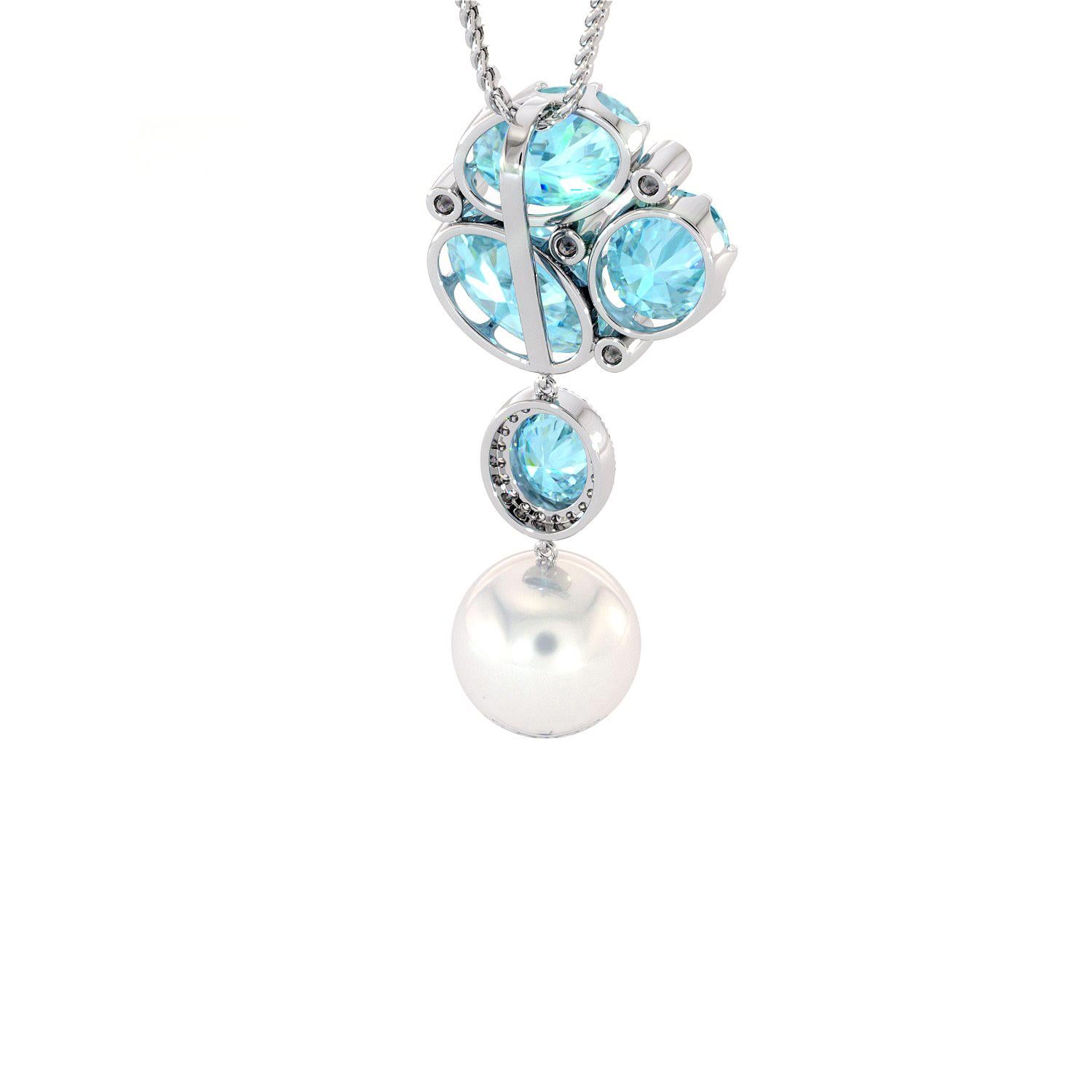 Art Deco Diamonds Blue Topaz White South Sea Pearl 14K Gold Pendant For Sale