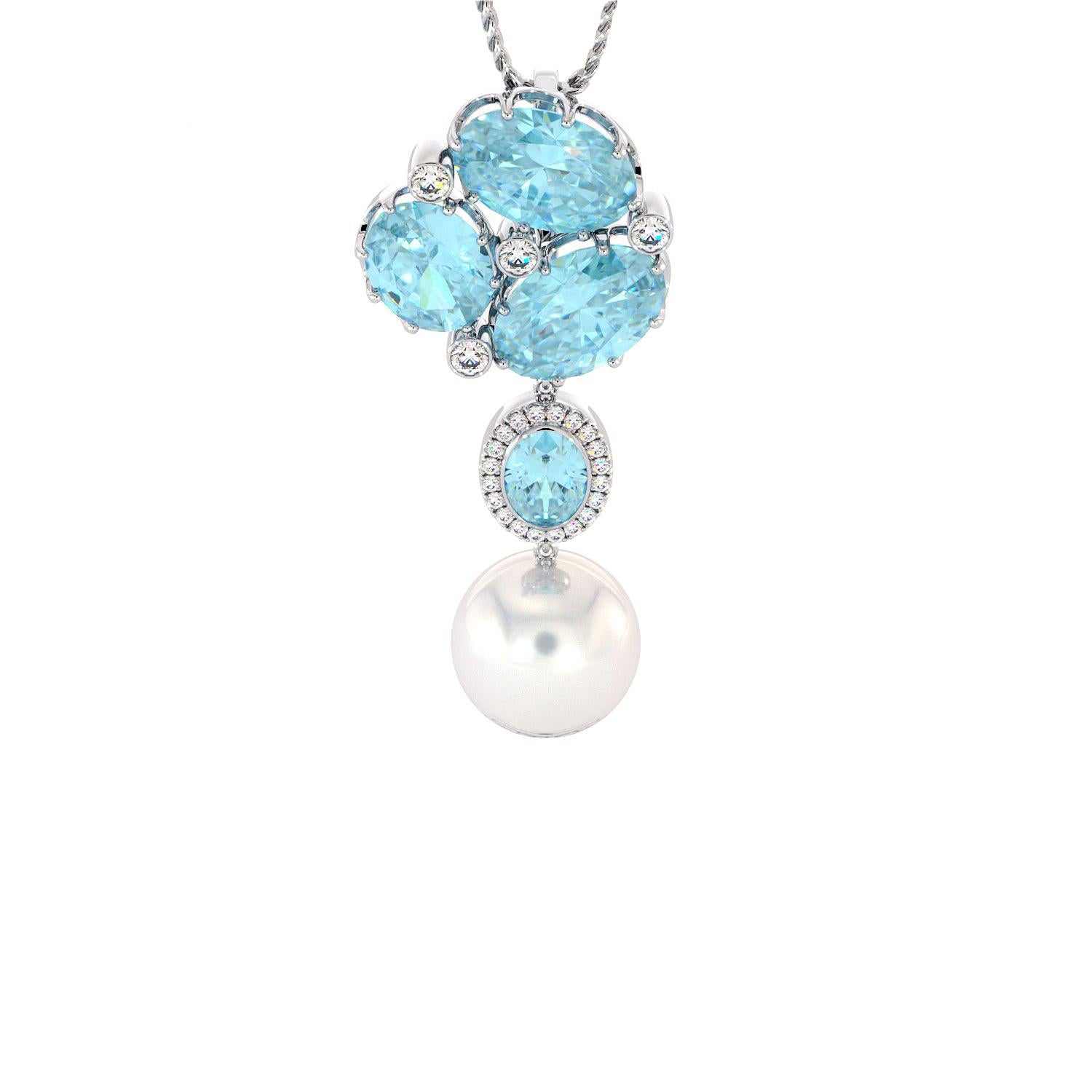 Diamonds Blue Topaz White South Sea Pearl 14K Gold Pendant In New Condition For Sale In TORONTO - Vaughan, ON