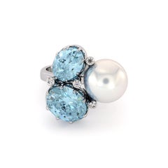 Diamonds Bluetopaz White South Sea Pearl Ring 14K White Gold