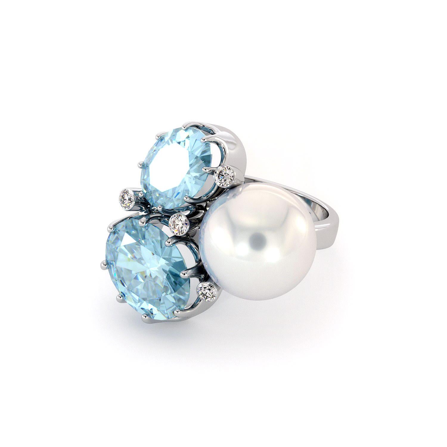 For Sale:  Diamonds Bluetopaz White South Sea Pearl Ring 14K White Gold 3