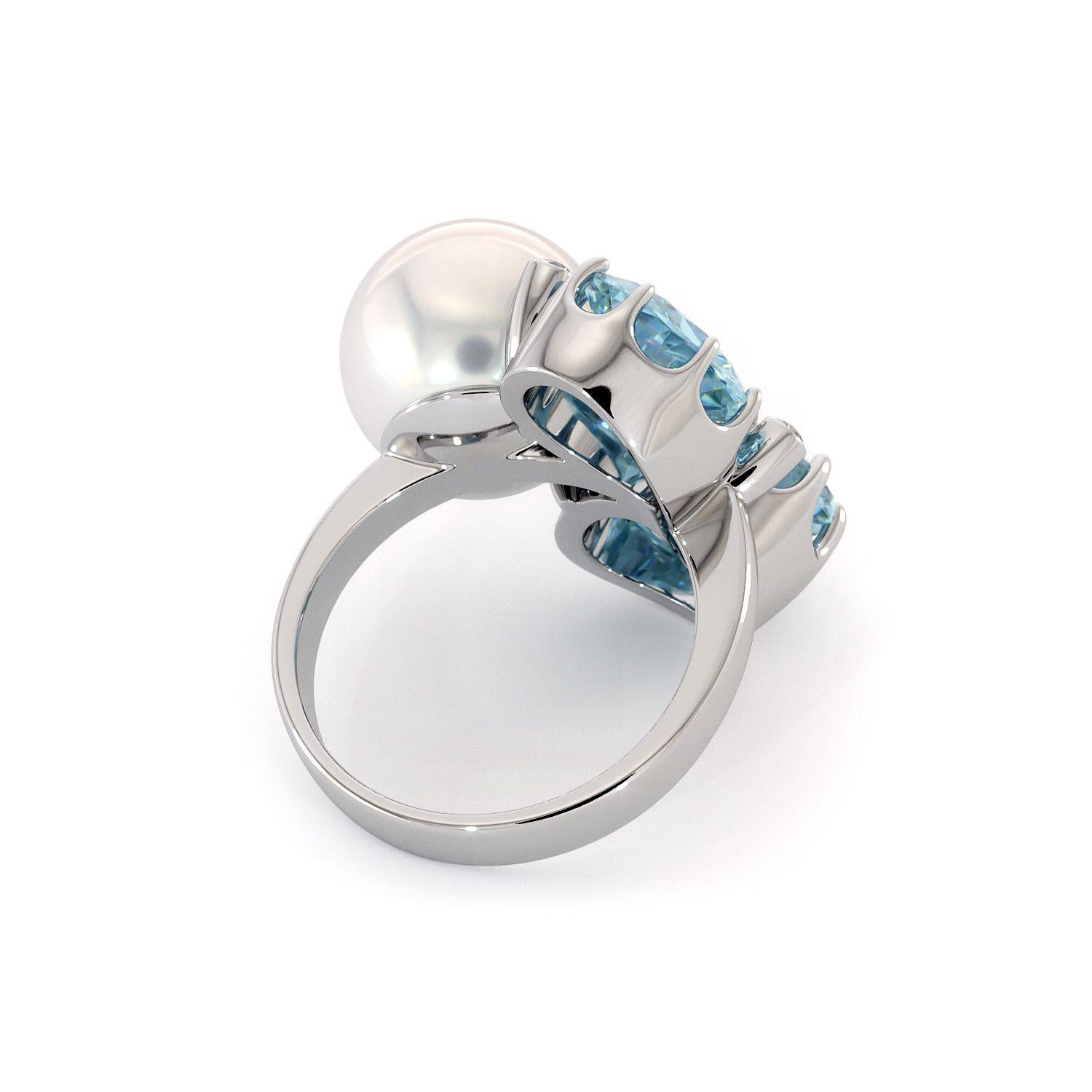 For Sale:  Diamonds Bluetopaz White South Sea Pearl Ring 14K White Gold 5