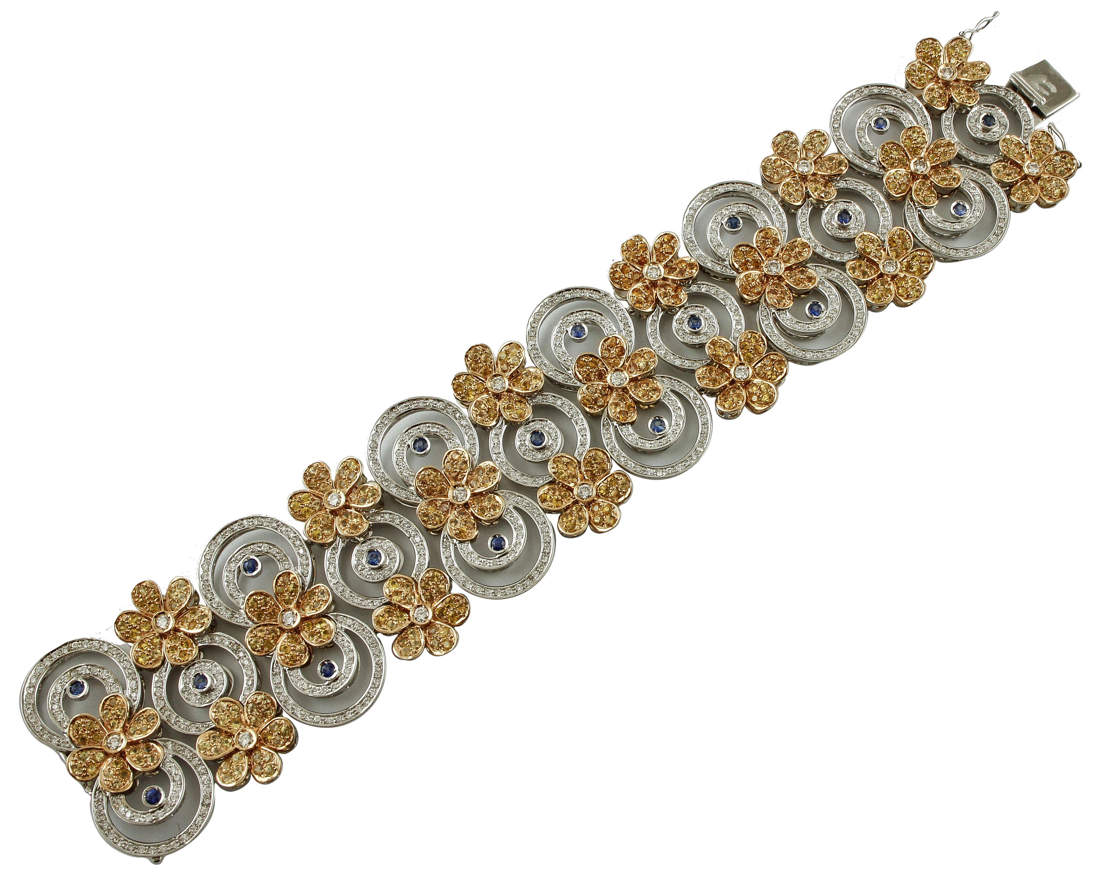 Retro Diamonds, Blue&Yellow Sapphires, White&Rose Gold Flowery and Circles Bracelet For Sale