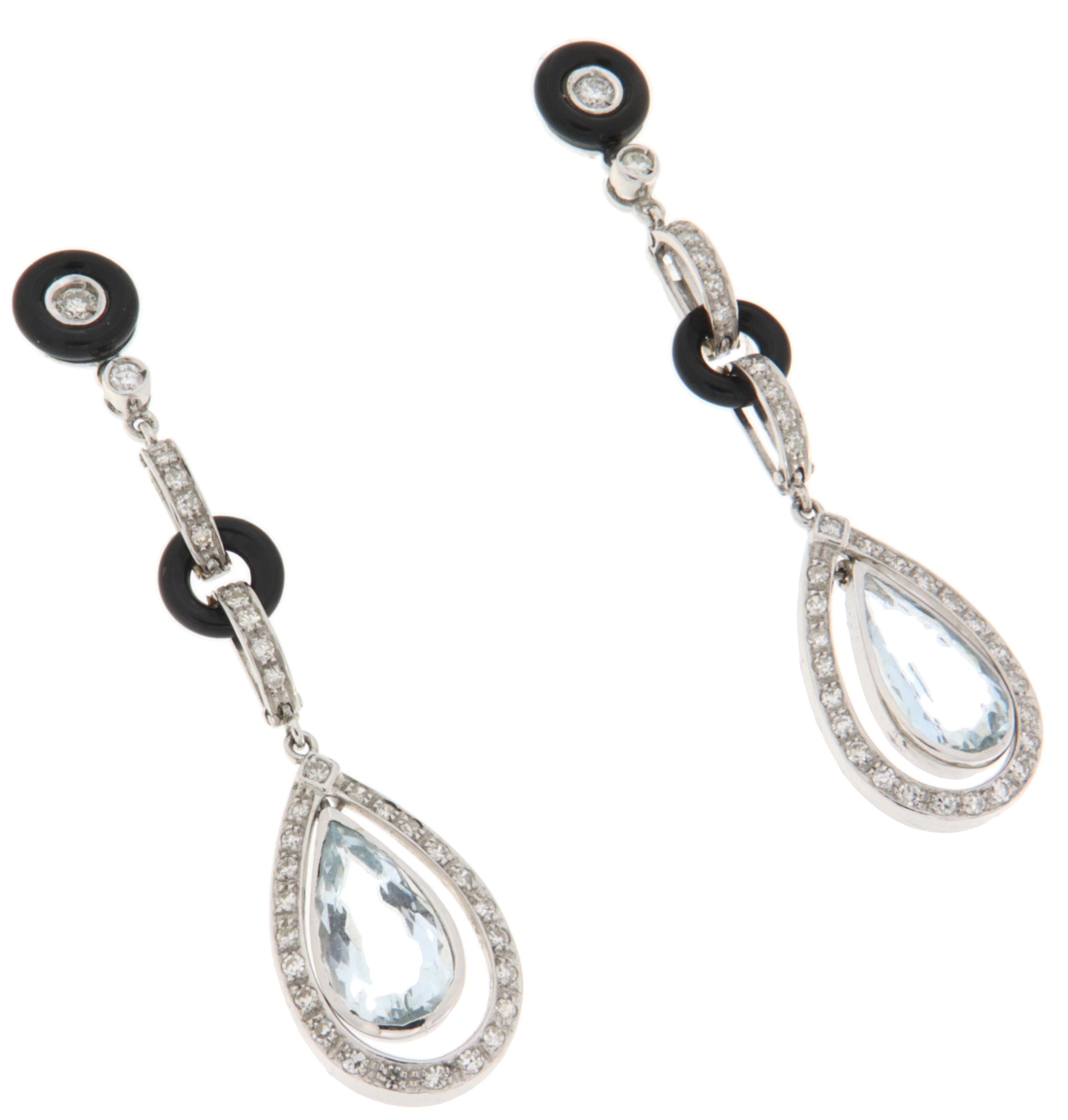 Art déco Diamants Aigue-marine brésilienne Boucles d'oreilles pendantes en or blanc 18 ct en vente