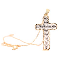 Diamonds Brillant Cut Yellow Gold 18 Carats Cross Pendant Necklace