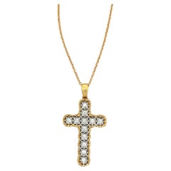 Diamanten Brillant Schliff Gelbgold 18 Karat Kreuz Anhänger Halskette