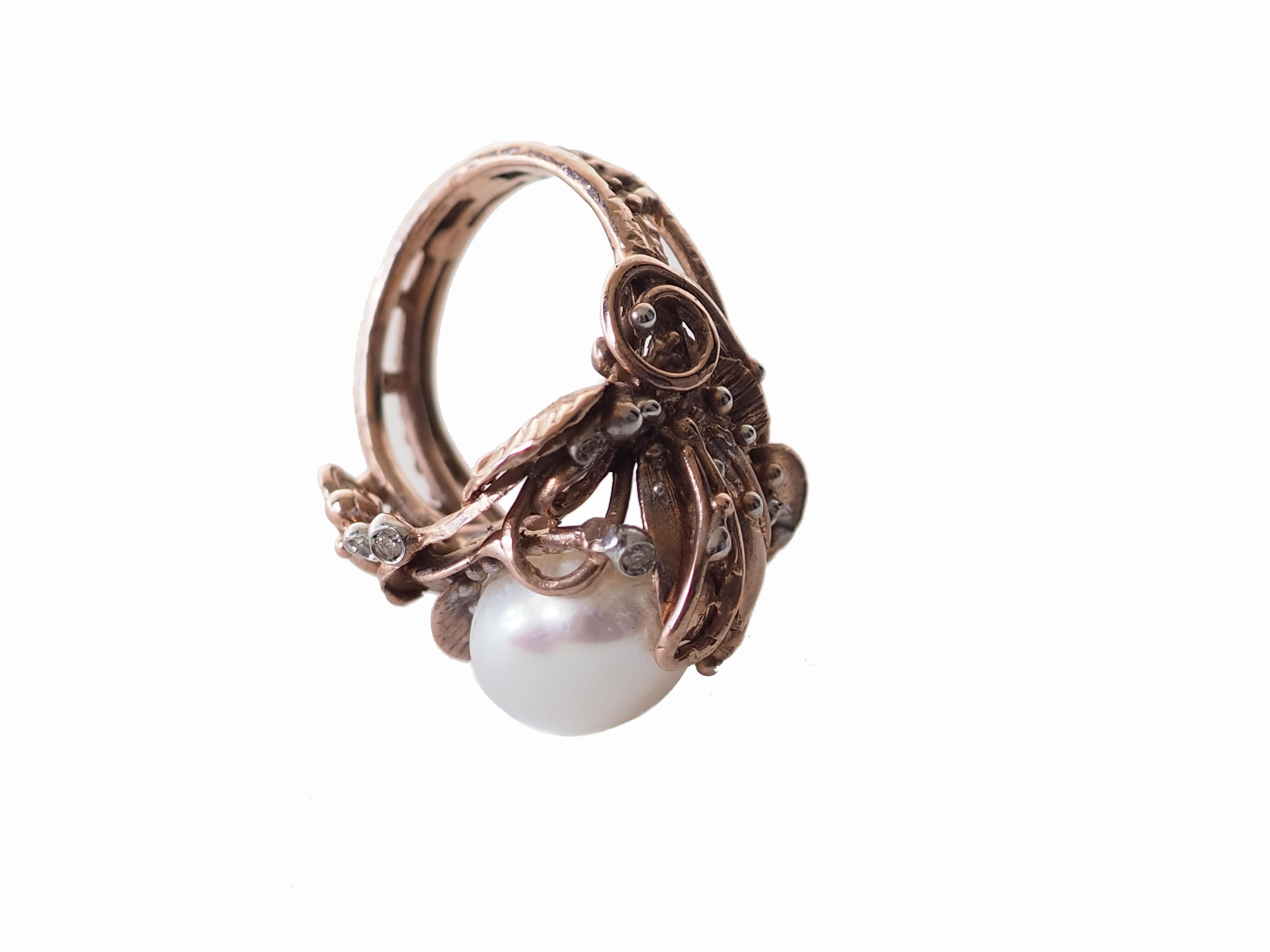 Diamonds Bronze Natural Pearl Hand Made Ring In New Condition For Sale In Milan, IT