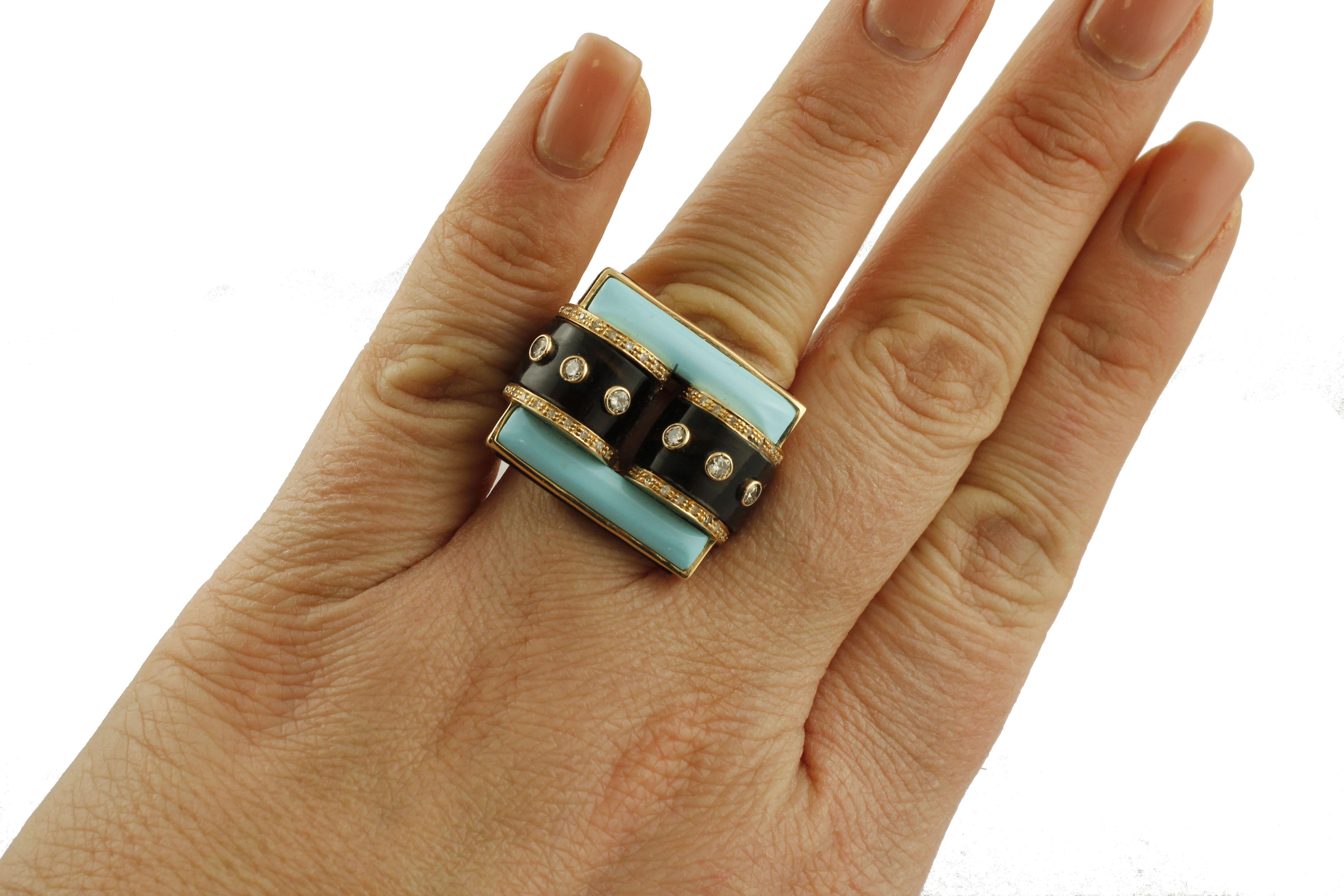 Diamonds, Brown Hard Stone, Turquoise Rose Gold Buckle Shape Fashion Ring In Good Condition In Marcianise, Marcianise (CE)