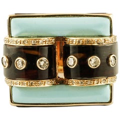 Diamonds, Brown Hard Stone, Turquoise Rose Gold Buckle Shape Fashion Ring
