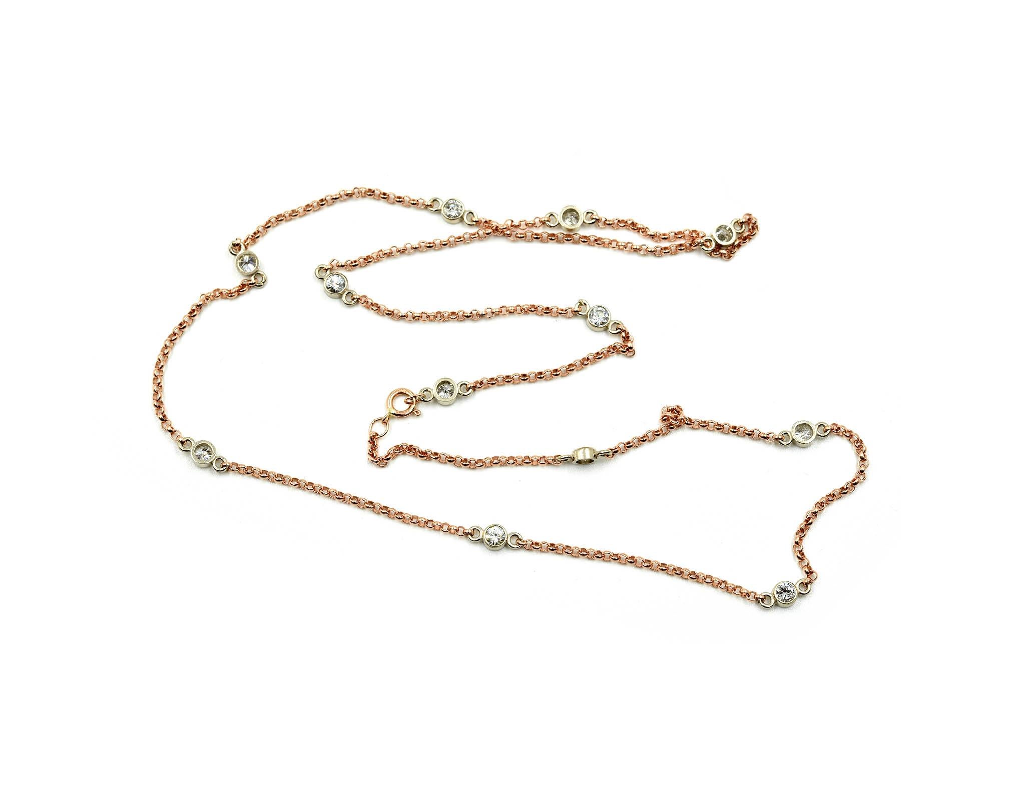 Designer: custom design
Material: 14k rose gold
Diamonds: 12 round brilliants = 1.08 carat total weight
Dimensions: necklace measures 18 inches long 
Weight: 3.60 grams
