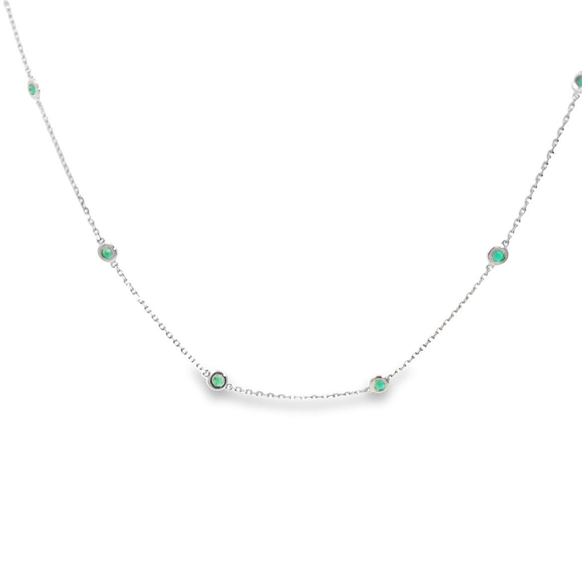 Diamonds by The Yard Chain Necklace in 14k White with Natural Emerald Gem-stones
Natural Round Brilliant Full Cut  Emeralds
14k White Gold
19 Natural Green Emeralds
1.20 Total Carat Weight
24 inches
MADE IN USA