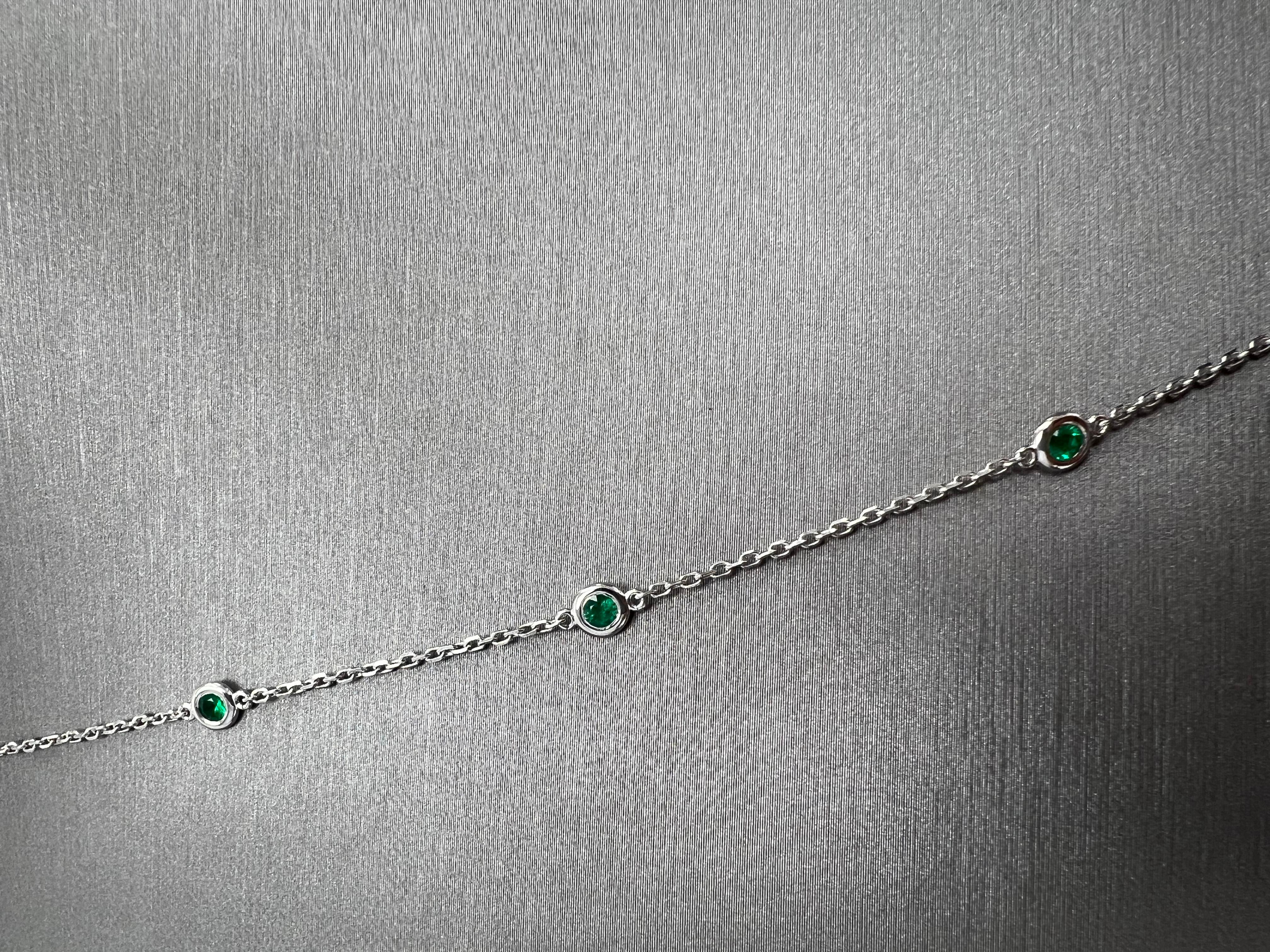 Brilliant Cut Diamonds by The Yard Chain Necklace in 14k White with Natural Emerald Gem-stones For Sale