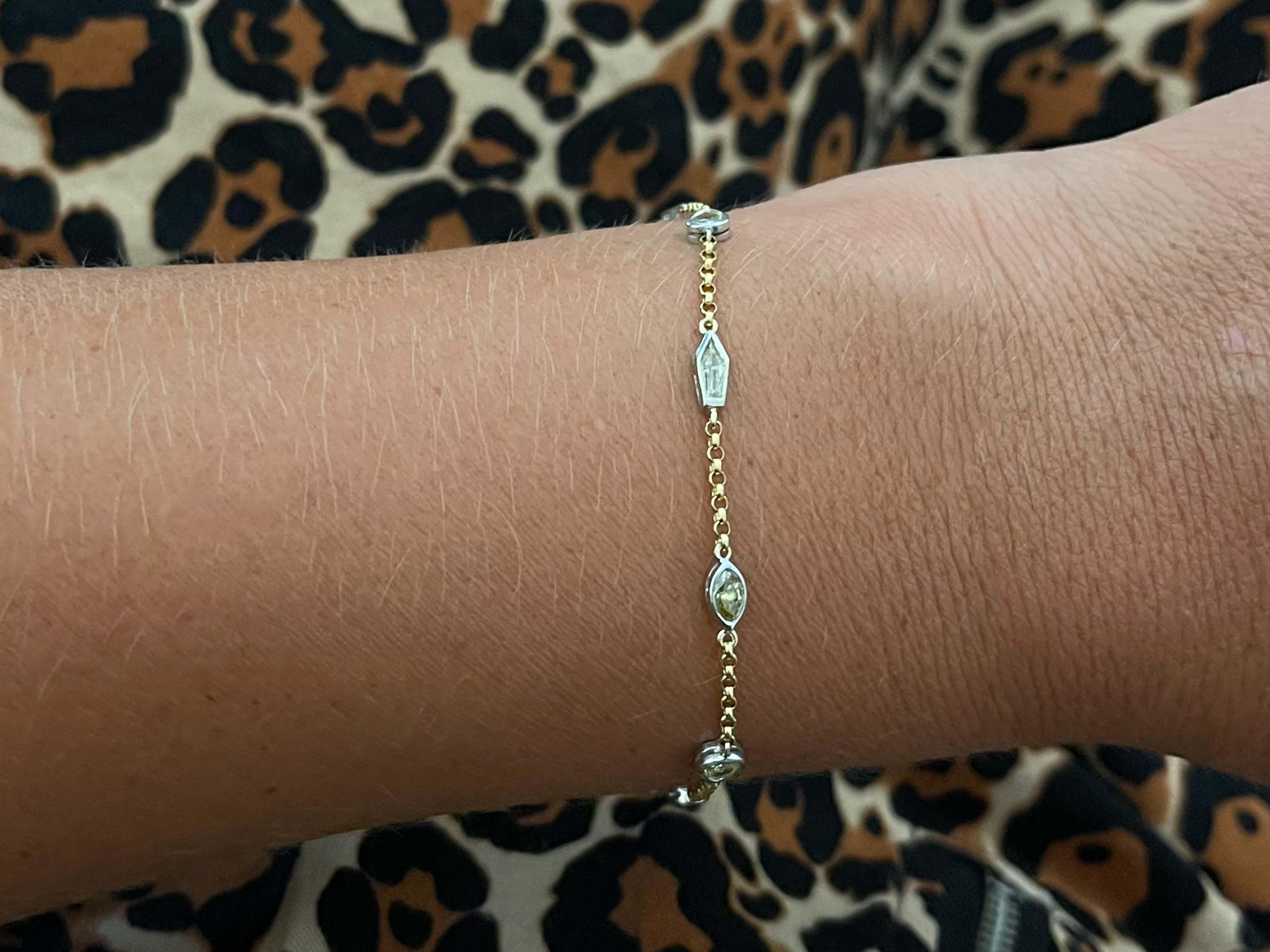 Bracelet Specifications:

Metal: 18k Yellow and White Gold

Diamond Carat Weight: 1.50

Diamond Color: fancy yellow, fancy cognac and white diamonds

Diamond Shape: pear, heart, marquise and bullet

Bracelet Length: ~7.25