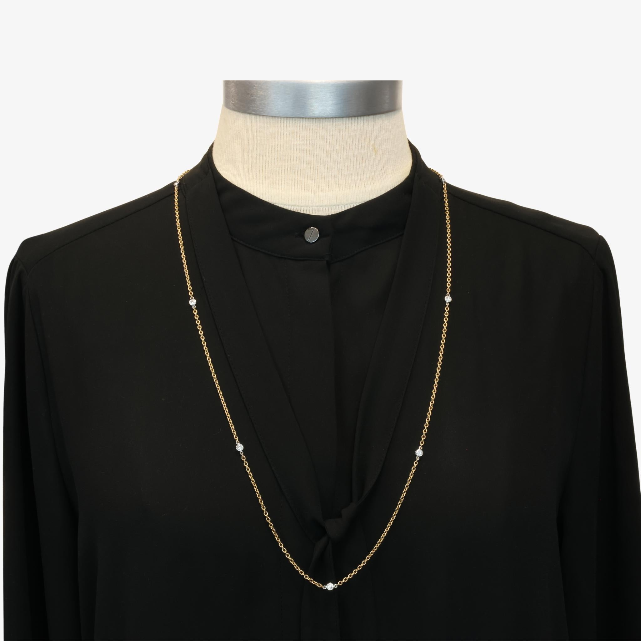 Round Cut Diamonds By The Yard Necklace 30 Inches in 14 Karat Yellow Gold and Platinum For Sale