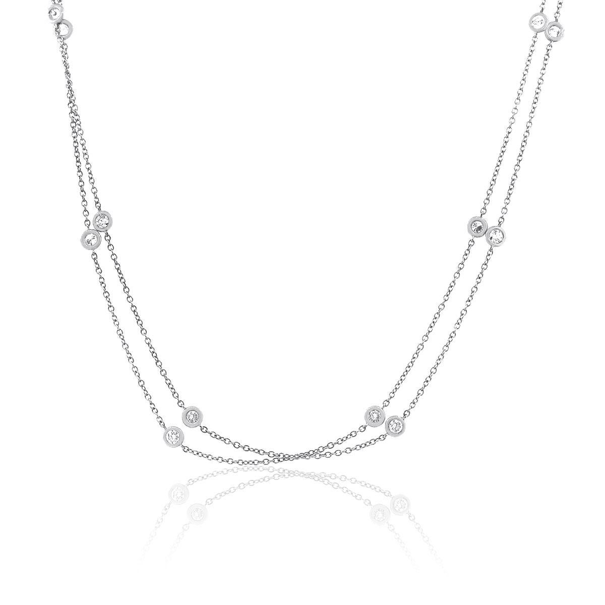 Material: 18k White Gold
Diamond Details: Approximately 2.5ctw of round brilliant diamonds. Diamonds are G-H in color and VS in clarity
Necklace Measurements: 36.5″
Clasp: Lobster Claw Clasp
Total Weight: 9g (5.8dwt)
SKU: A30311876