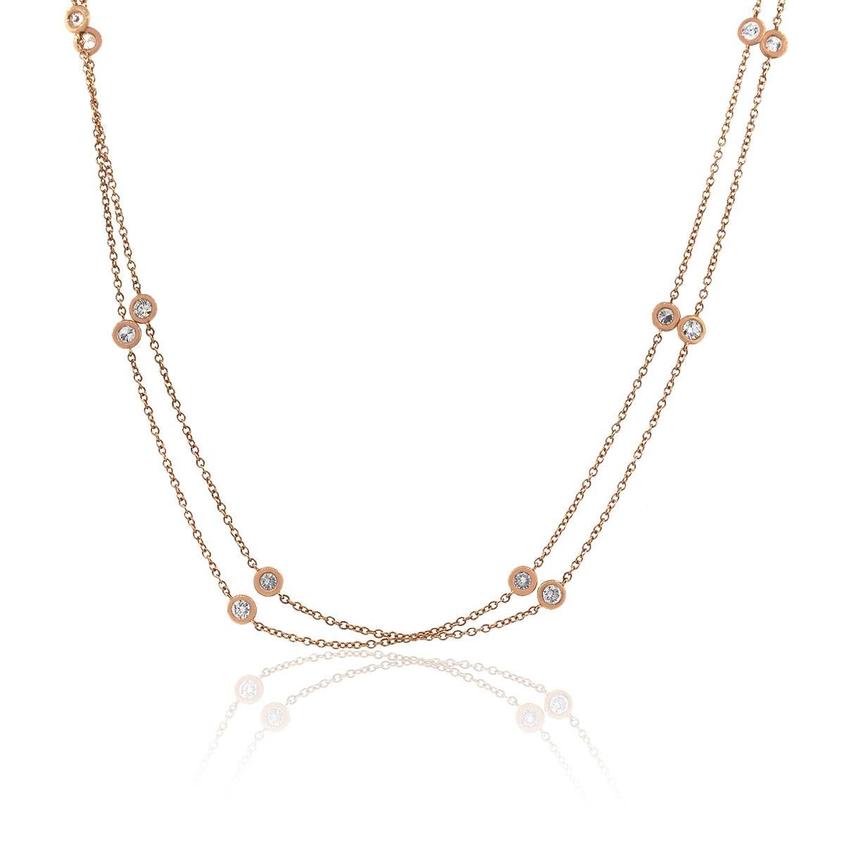 Material: 18k Rose Gold
Diamond Details: Approximately 4ctw of round brilliant diamonds. Diamonds are G-H in color and VS in clarity
Necklace Measurements: 70″
Clasp: Lobster Claw Clasp
Total Weight: 15.5g (10dwt)
SKU: A30311877