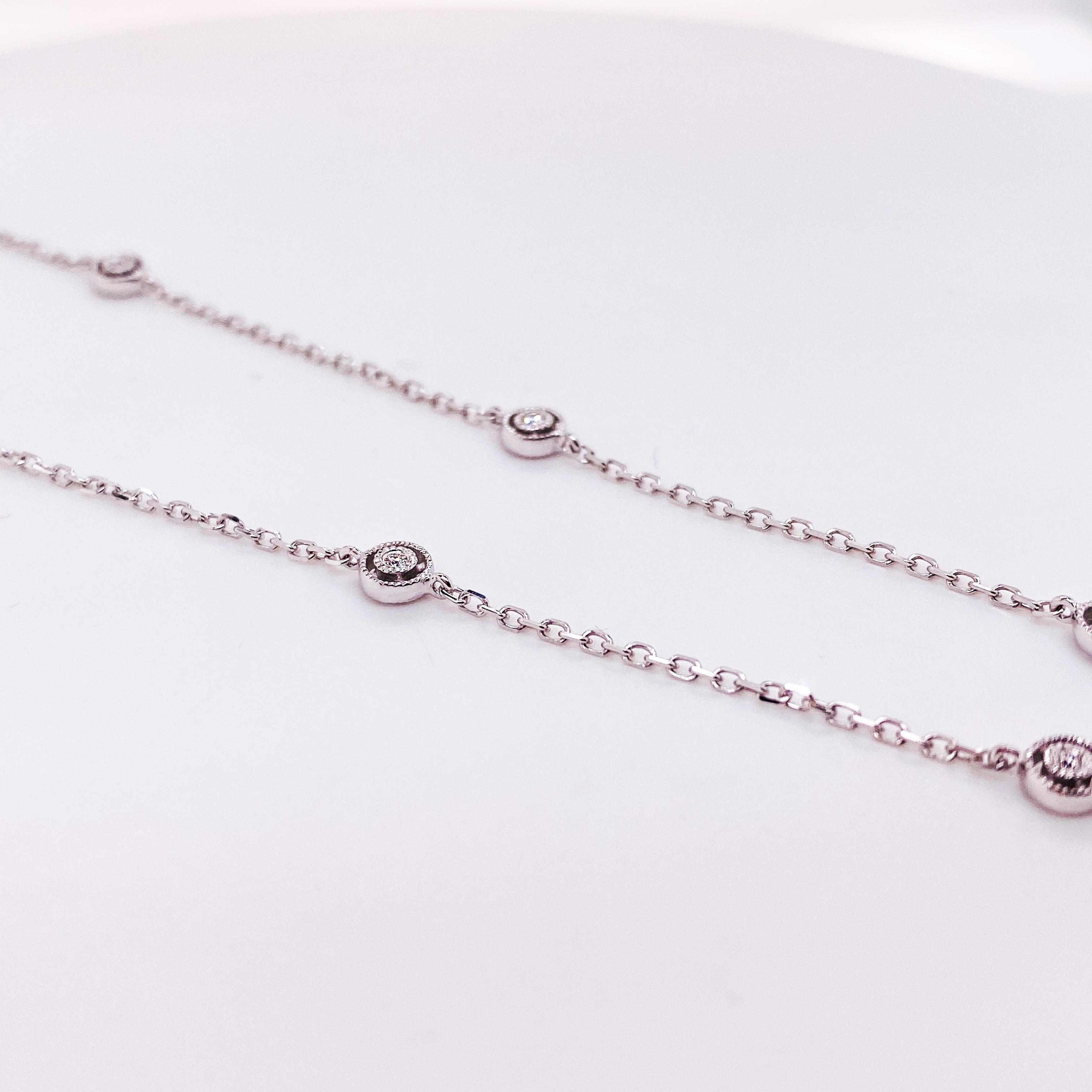 Contemporary Diamonds by the Yard Necklace with Halo 14 Karat White Gold For Sale