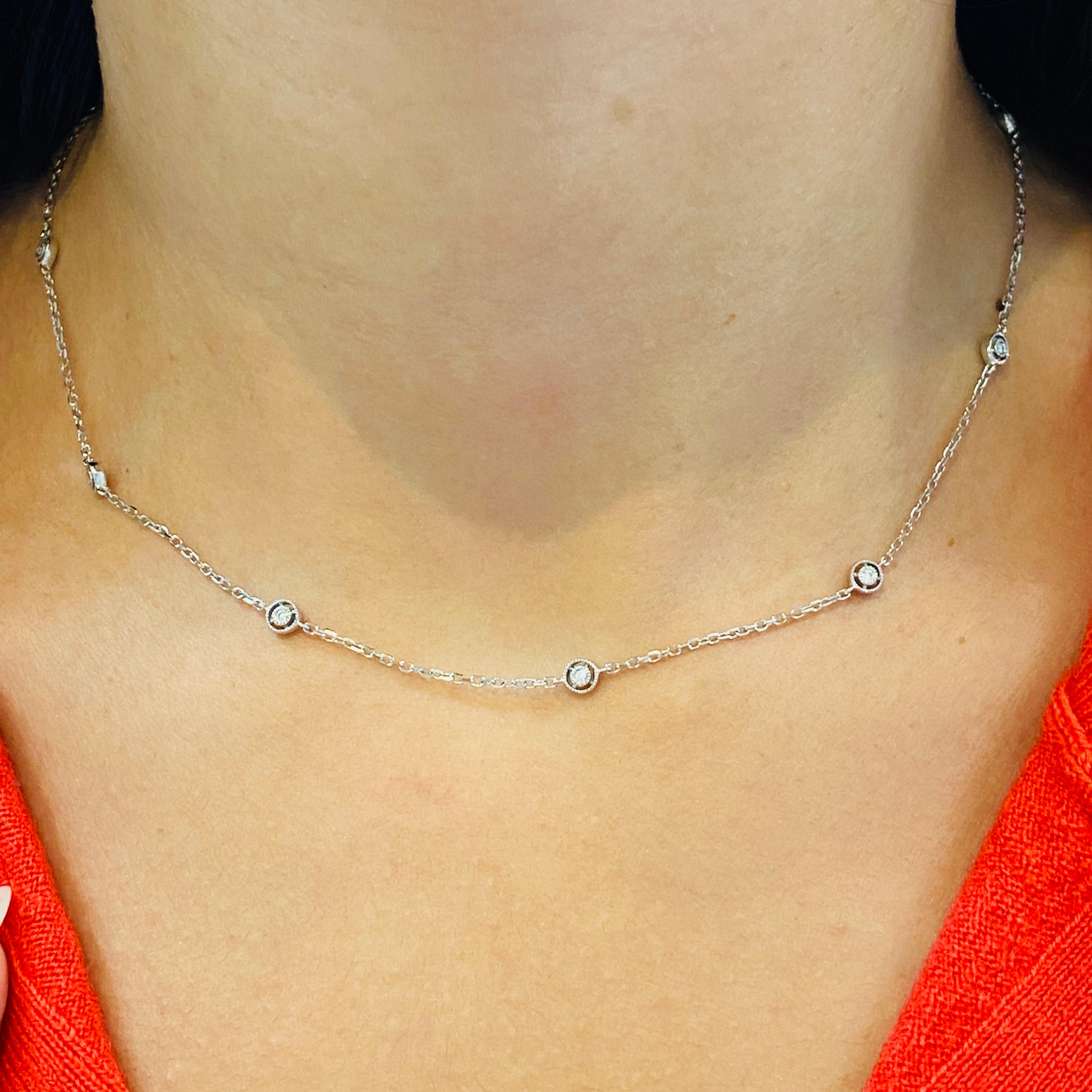 Round Cut Diamonds by the Yard Necklace with Halo 14 Karat White Gold For Sale