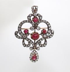 Diamonds Cabochon Rubies Pendant Brooch 14k, 1900