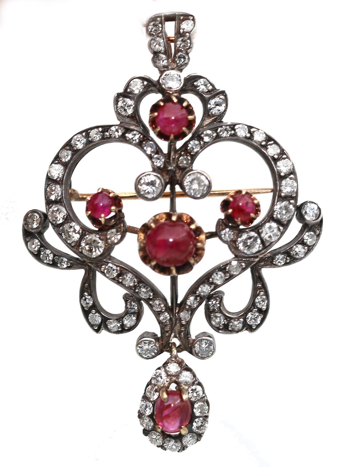 Brosche mit Diamanten und Cabochon-Rubinen-Anhänger 14k, 1900 für Damen oder Herren