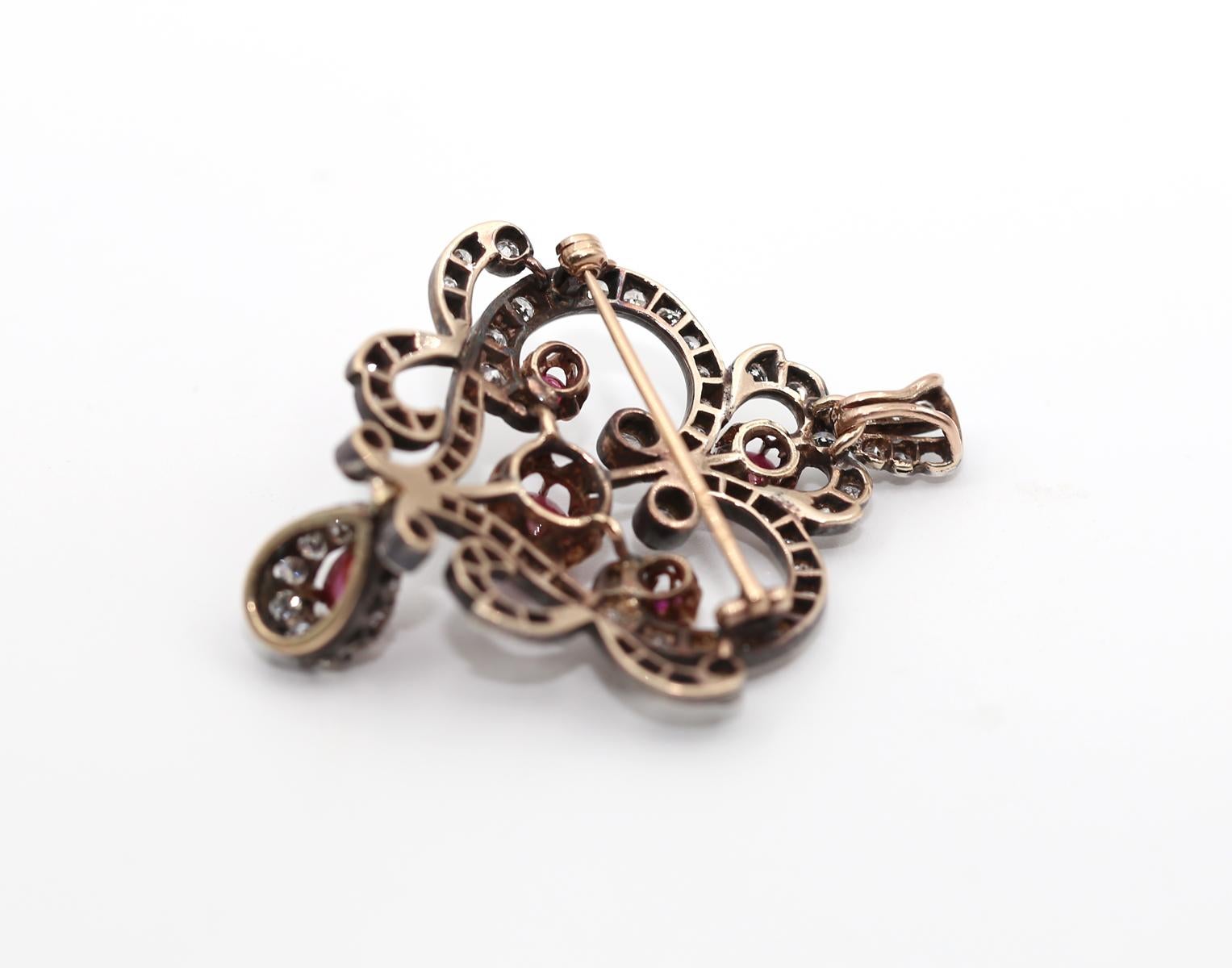 Brosche mit Diamanten und Cabochon-Rubinen-Anhänger 14k, 1900 1