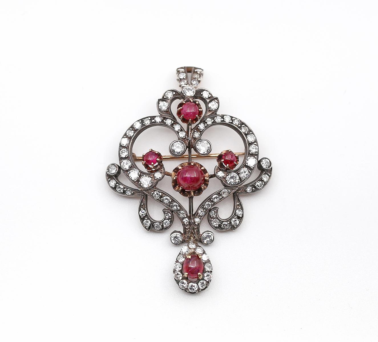Brosche mit Diamanten und Cabochon-Rubinen-Anhänger 14k, 1900 2