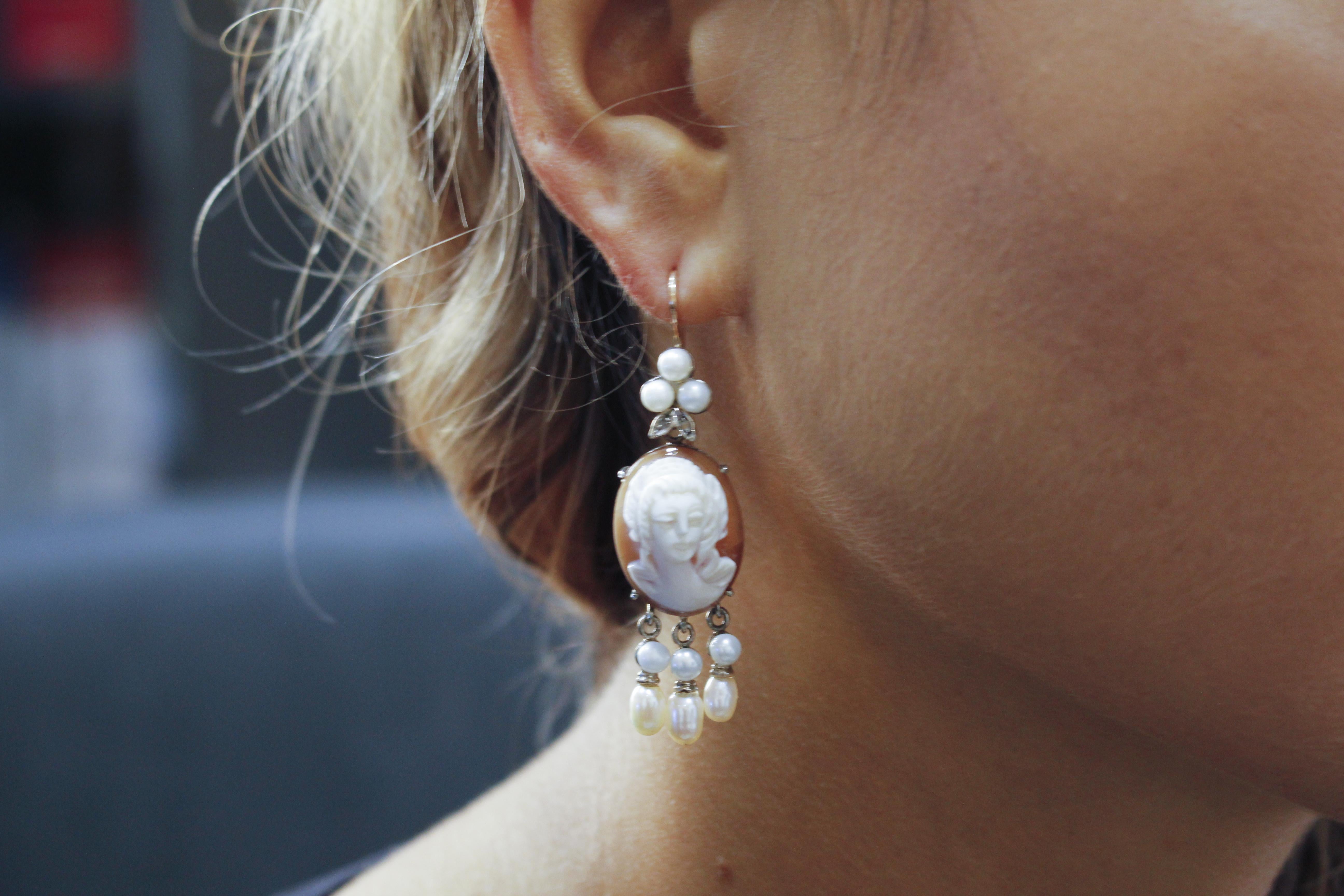 Women's Diamonds Cameo White Little Pearls Rose Gold and Silver Level-Back Earrings