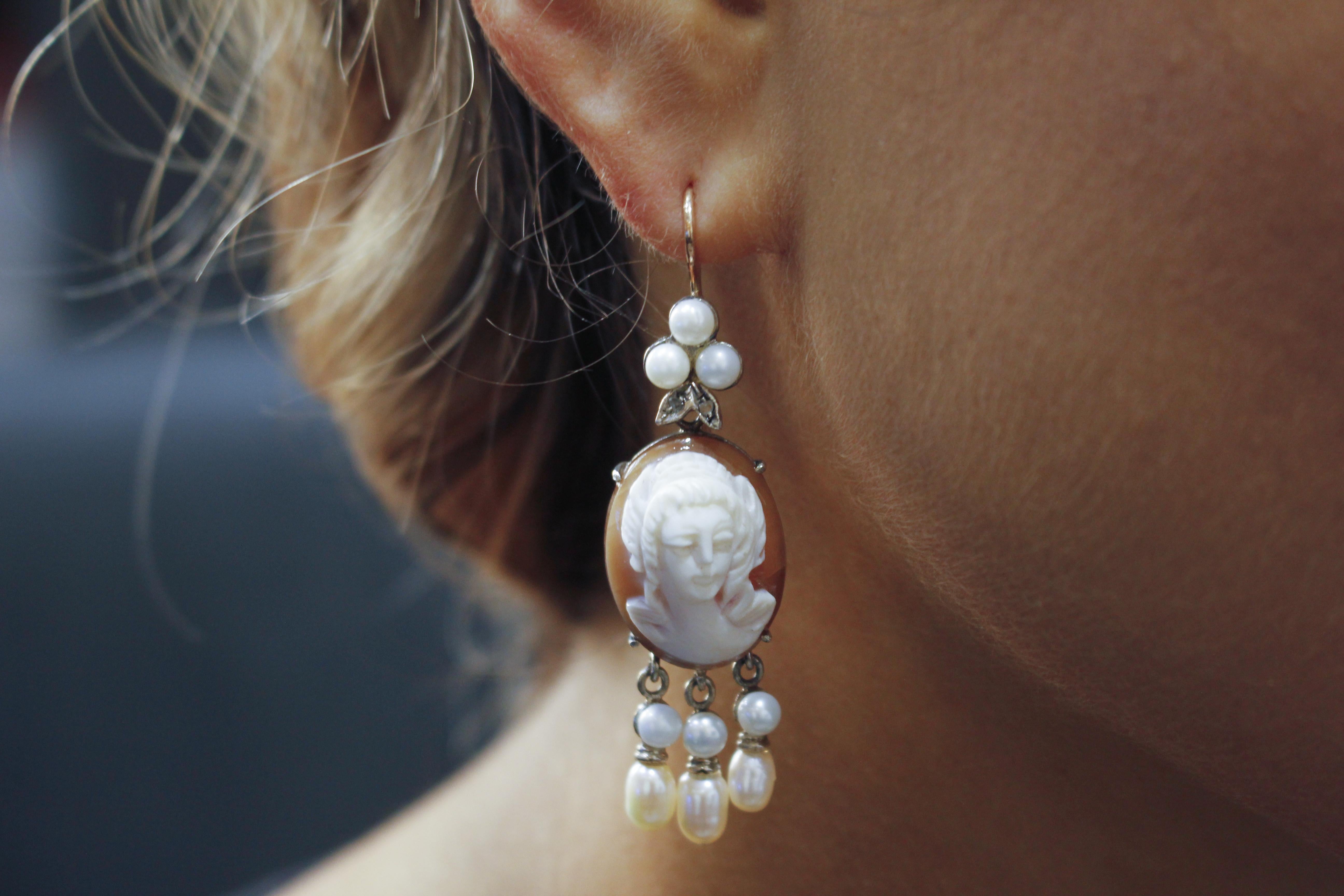 Diamonds Cameo White Little Pearls Rose Gold and Silver Level-Back Earrings 1