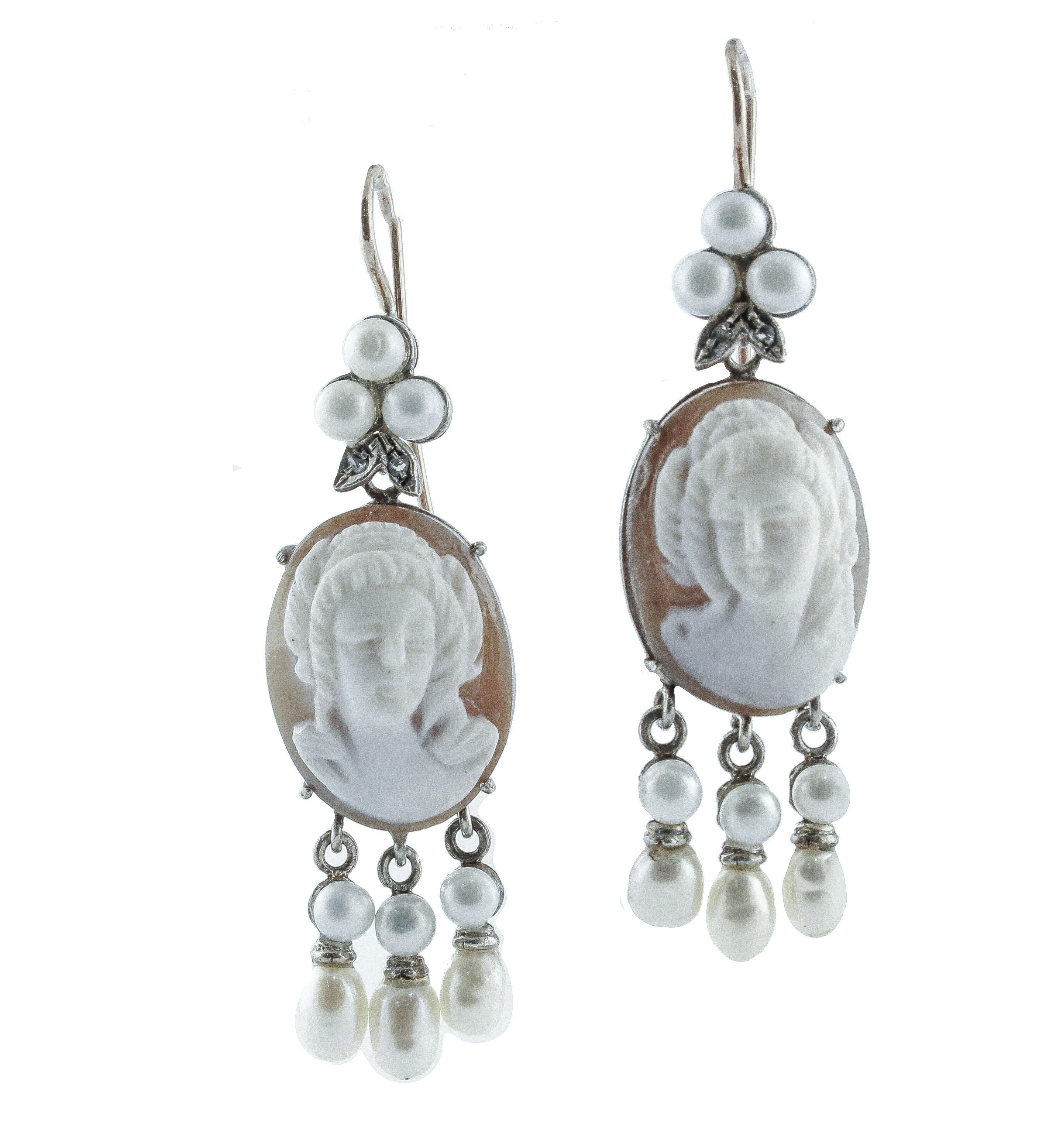 Diamonds Cameo White Little Pearls Rose Gold and Silver Level-Back Earrings