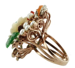 Bague en or rose, diamants, agate, cornaline, pierres blanches, émeraude