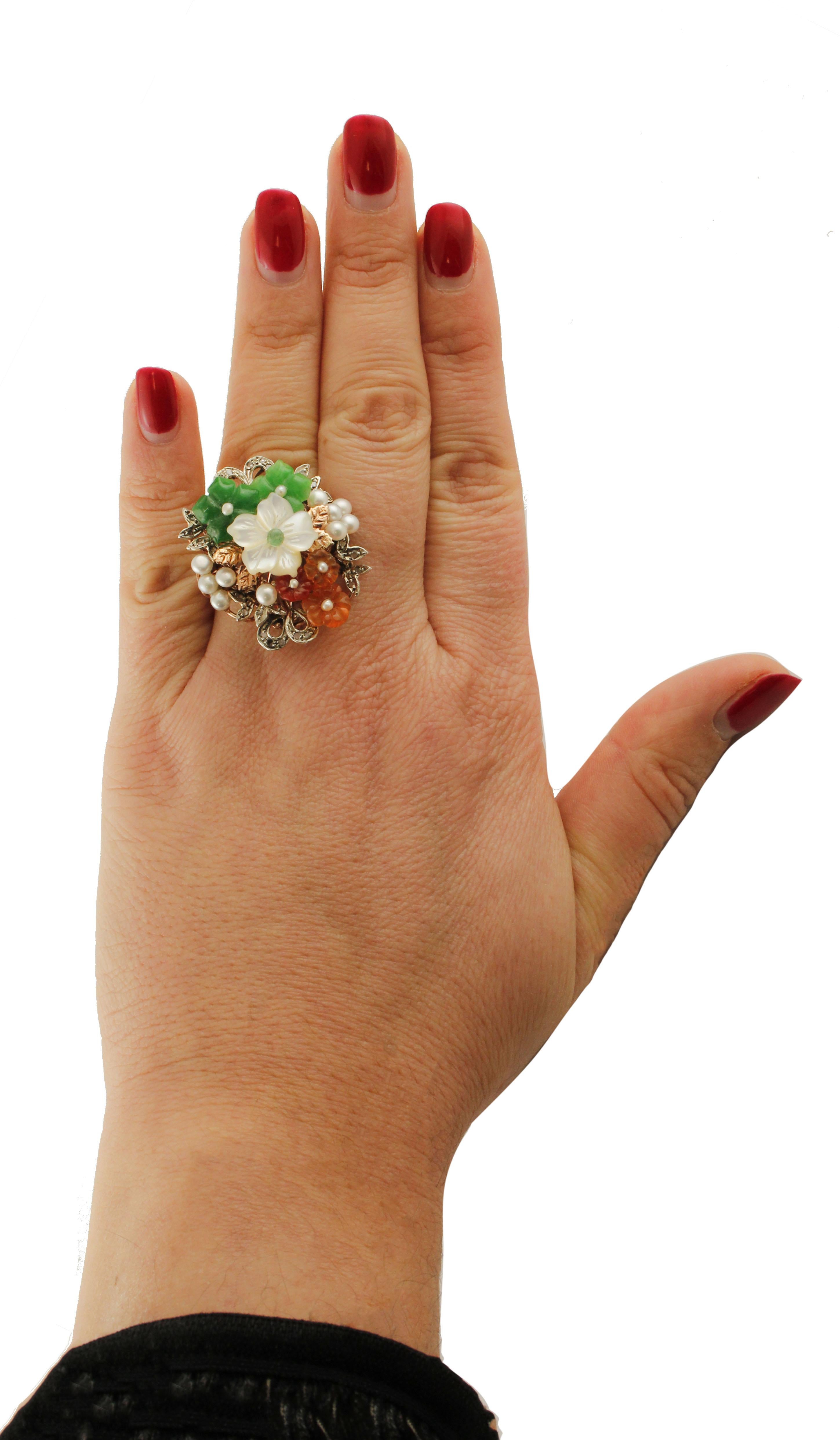 Mixed Cut Diamonds Carnelian Agate White Stones Emerald Rose Gold and Silver Ring For Sale