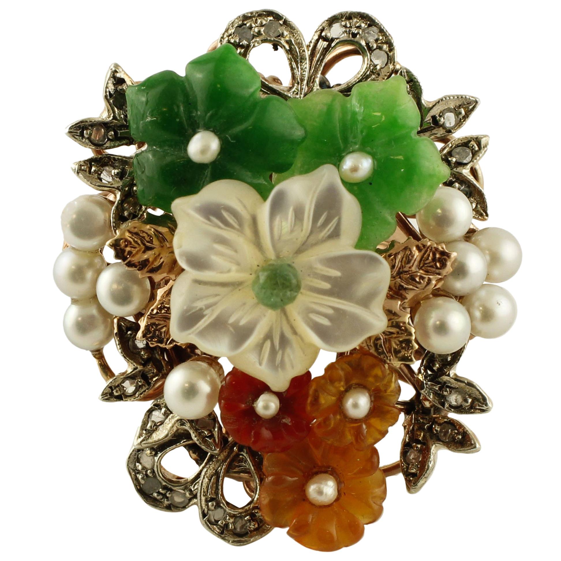 Bague en or rose, diamants, agate, cornaline, pierres blanches, émeraude en vente