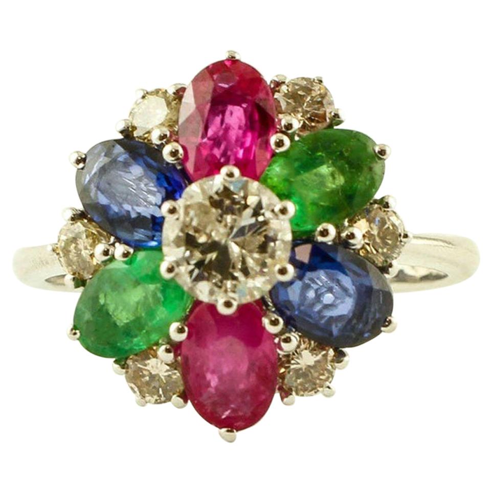 Diamonds, Central Diamond, Emeralds Rubies and Blue Sapphires 14 Karat Gold Ring