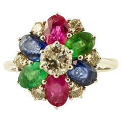 Diamonds, Central Diamond, Emeralds Rubies and Blue Sapphires 14 Karat Gold Ring
