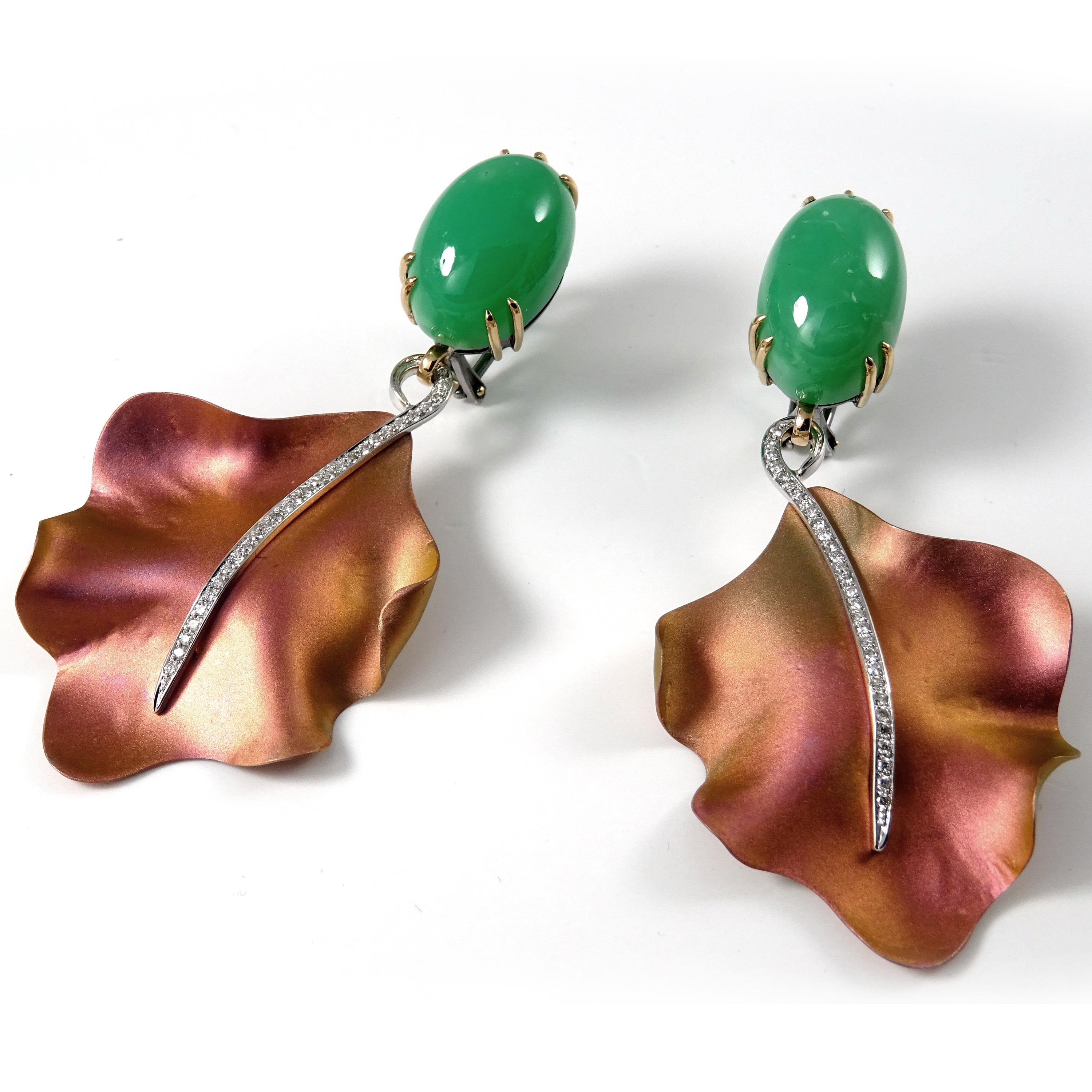 Brilliant Cut Diamonds Green Chrysoprase Silver, 18 Karat Gold Pink Titanium Drop Earrings For Sale