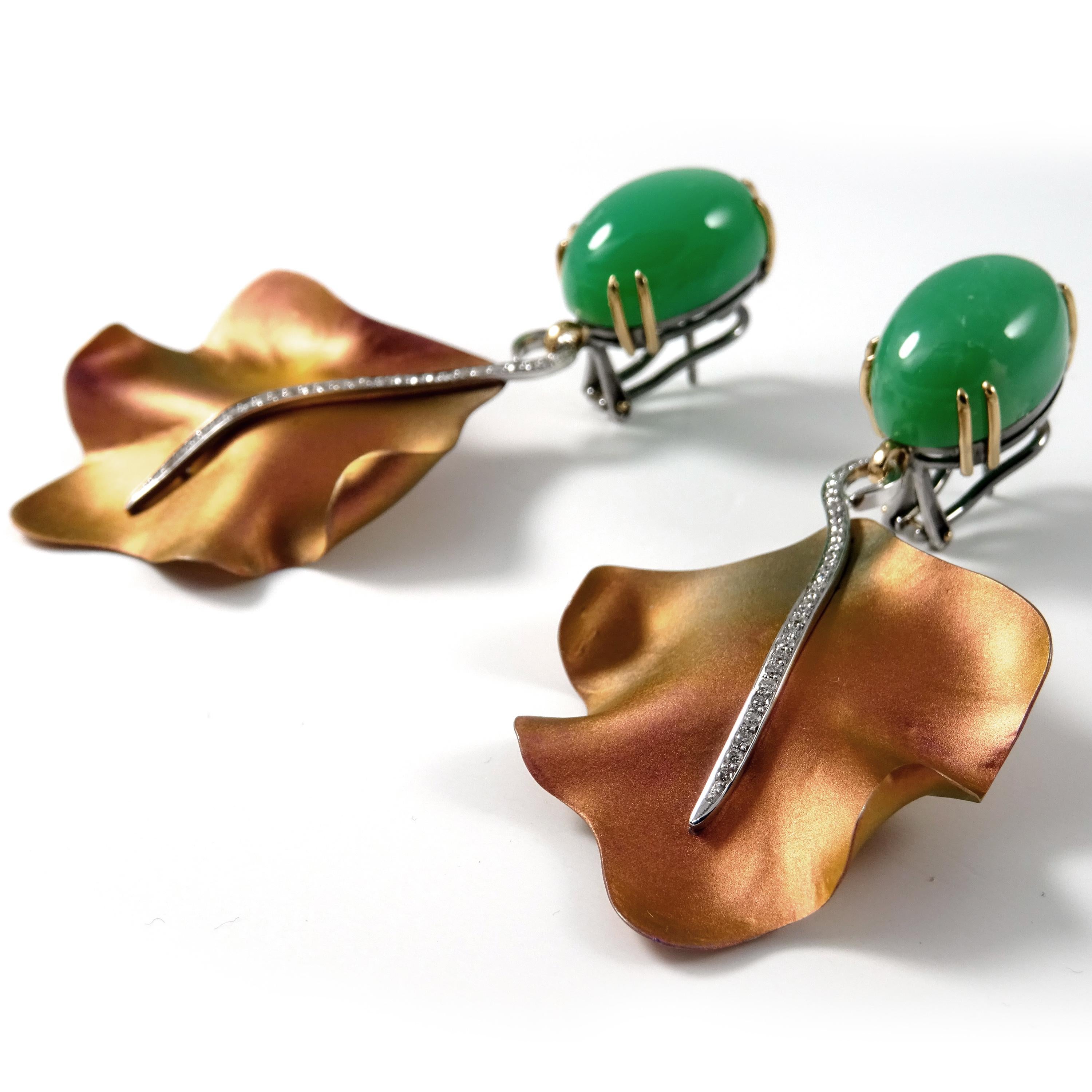 Diamonds Green Chrysoprase Silver, 18 Karat Gold Pink Titanium Drop Earrings In New Condition For Sale In València, ES