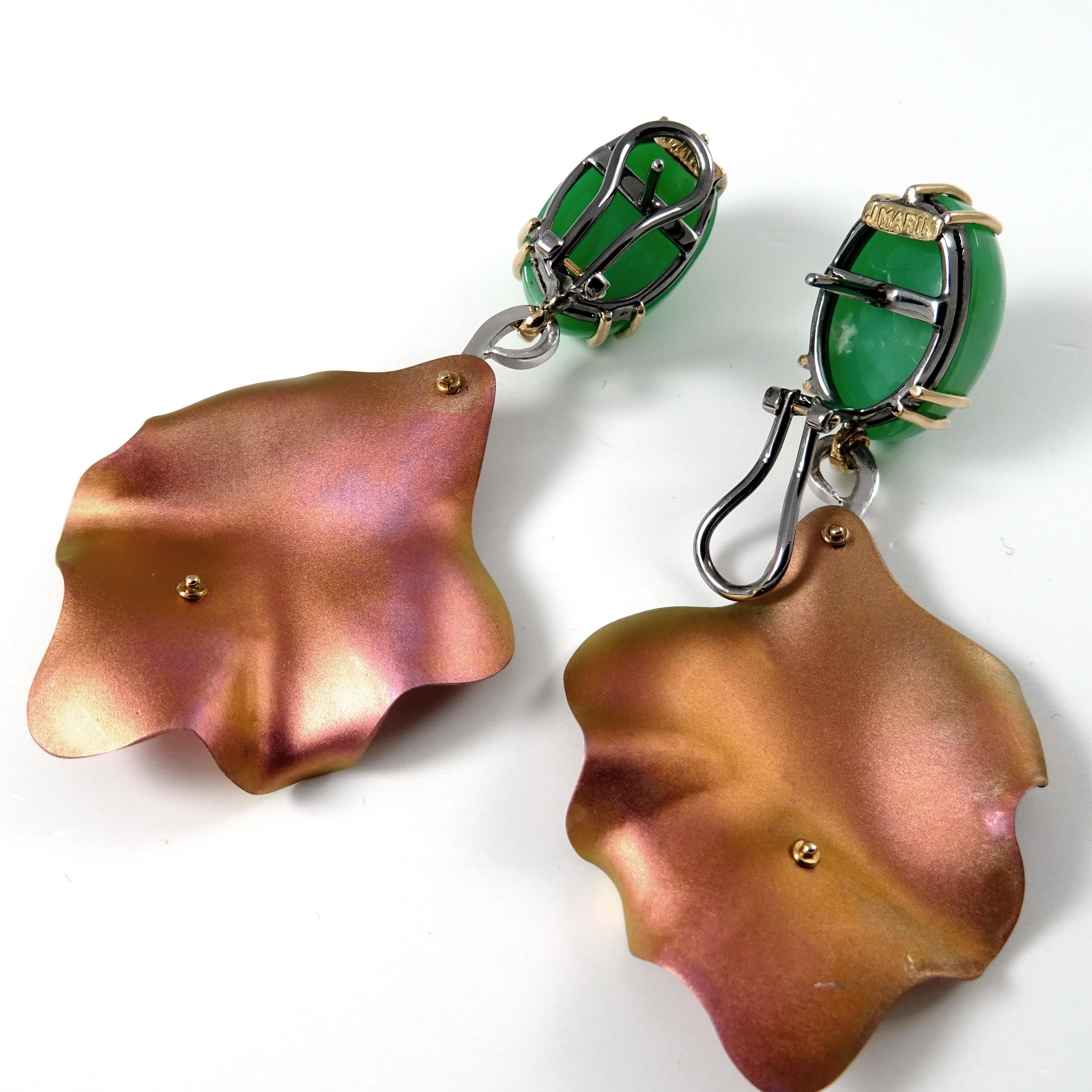 Diamonds Green Chrysoprase Silver, 18 Karat Gold Pink Titanium Drop Earrings For Sale 3