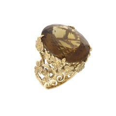 Handmade 14kt Yellow Gold Citrine Diamond Cocktail Ring, Italy, 0.22ct