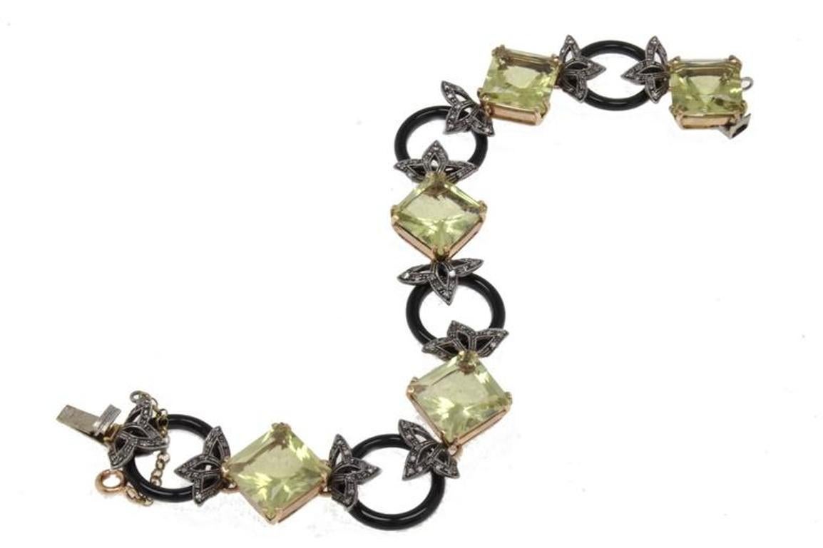 Retro Diamonds Citrine Onyx Gold and Silver Link Bracelet