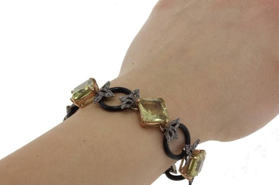 Diamanten Citrin Onyx Gold und Silber Gliederarmband (Gemischter Schliff)