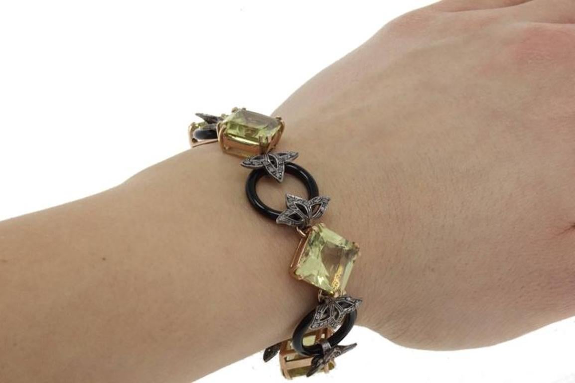 Diamonds Citrine Onyx Gold and Silver Link Bracelet In Good Condition In Marcianise, Marcianise (CE)