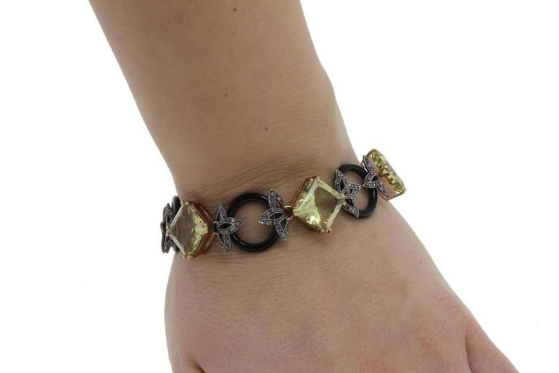 Women's Diamonds Citrine Onyx Gold and Silver Link Bracelet