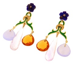 Boucles d'oreilles pendantes en or jaune 14 carats avec diamants et quartz citrine