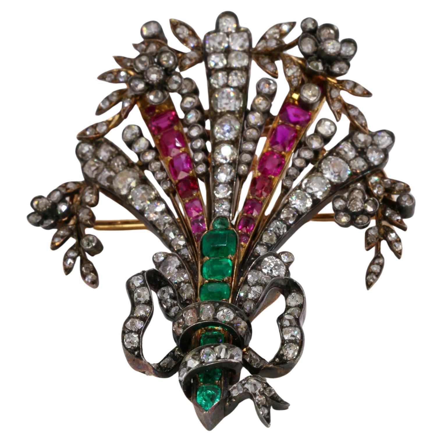 Victorian Diamonds, Colombian emeralds, Burmese rubies antique brooch For Sale