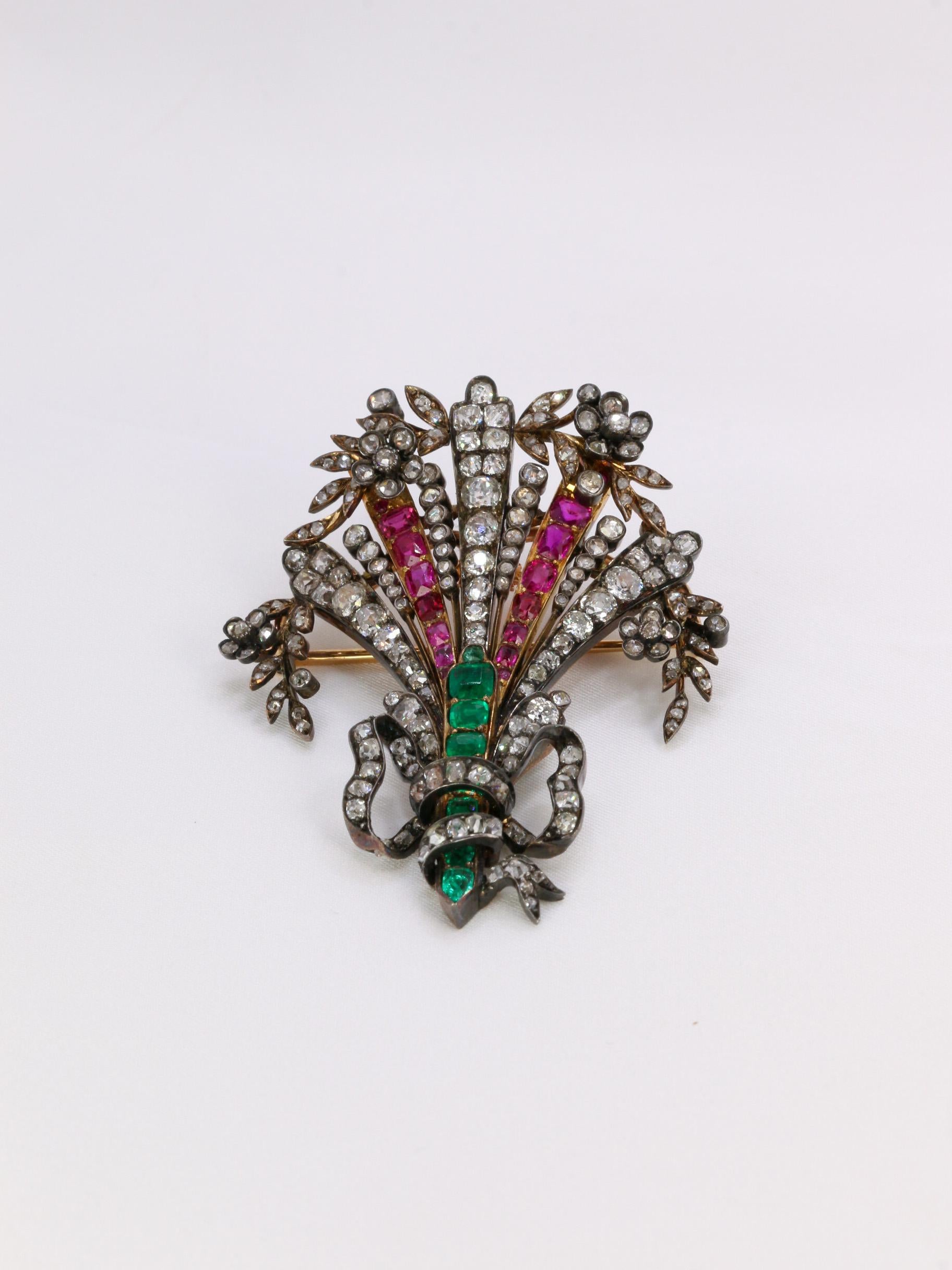 Round Cut Diamonds, Colombian emeralds, Burmese rubies antique brooch For Sale