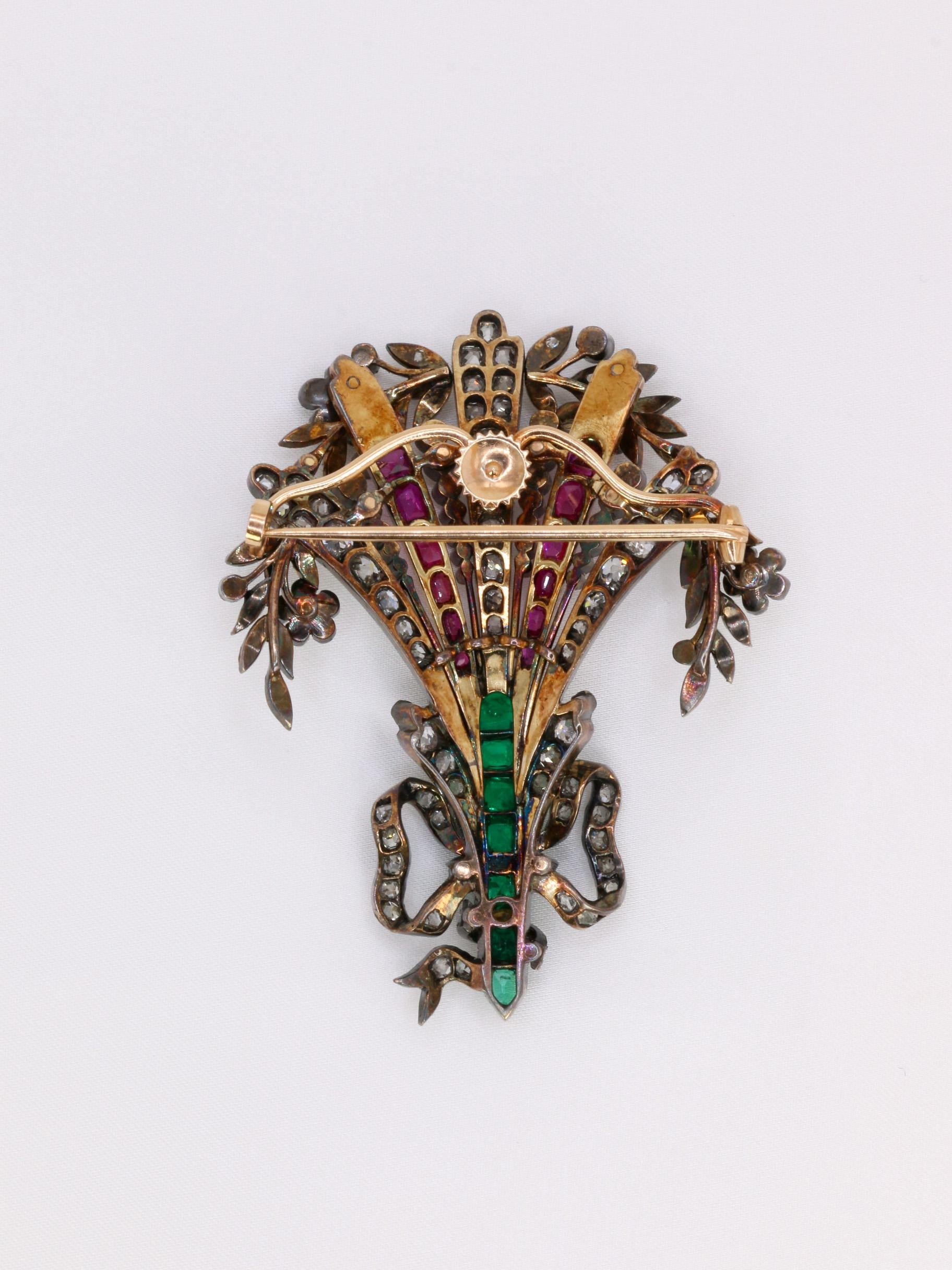 Women's Diamonds, Colombian emeralds, Burmese rubies antique brooch For Sale