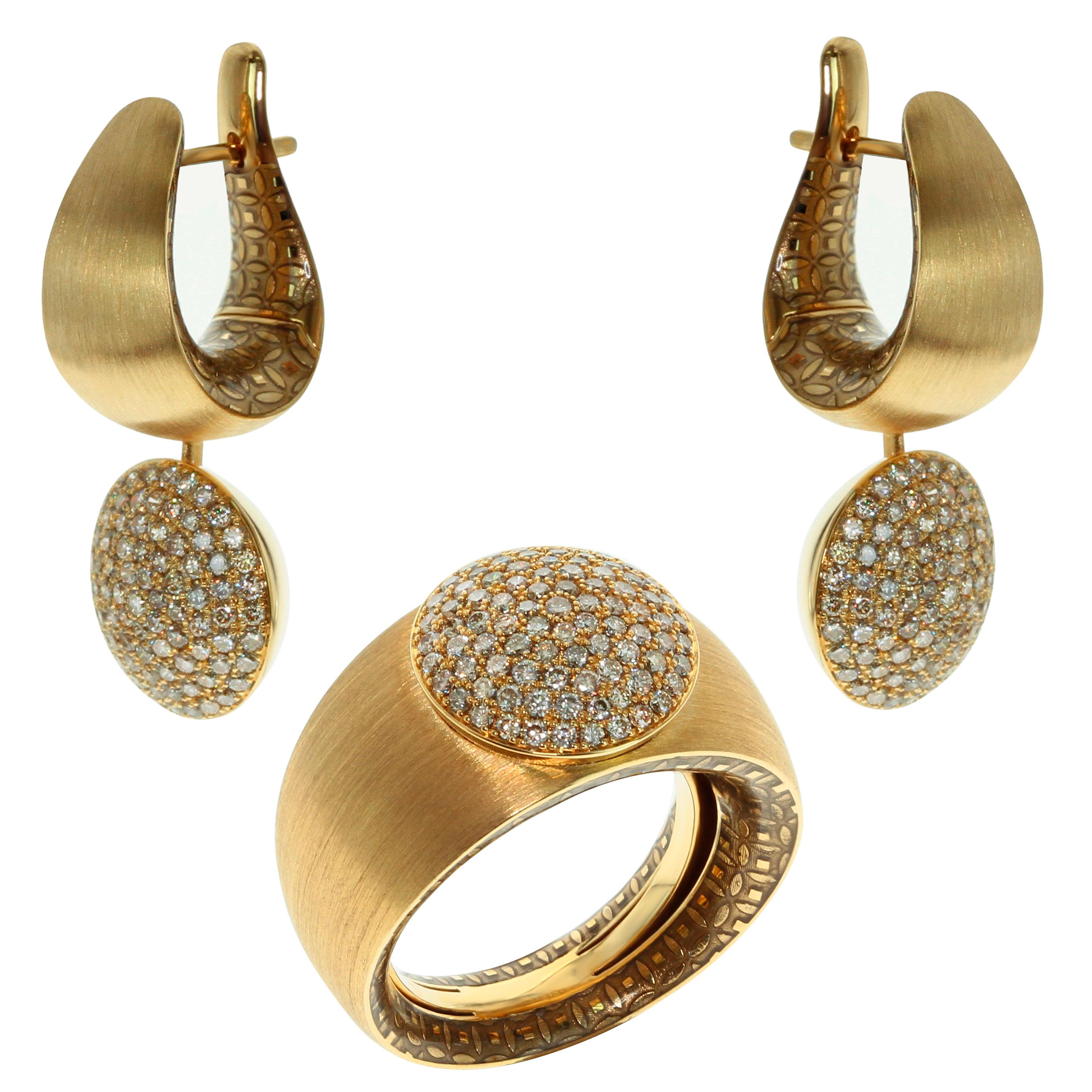 Diamanten farbige Emaille 18 Karat Gelbgold Kaleidoskop Ring Ohrringe Suite im Angebot