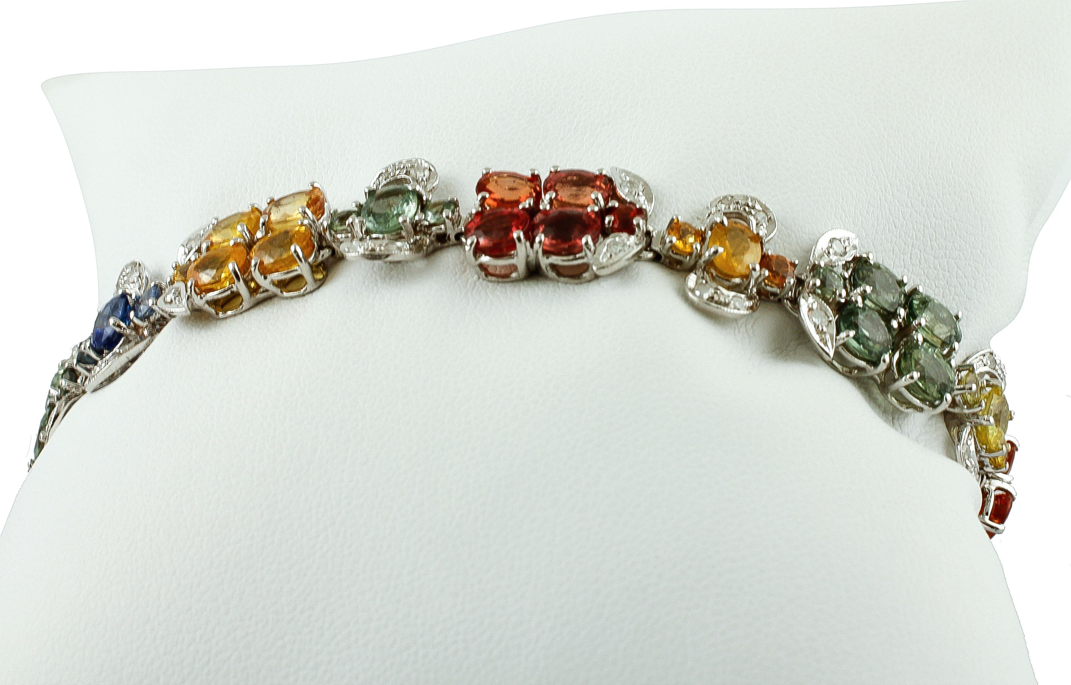 Brilliant Cut Diamonds, Colored Sapphires, 14 Karat White Gold Retro Link Bracelet For Sale