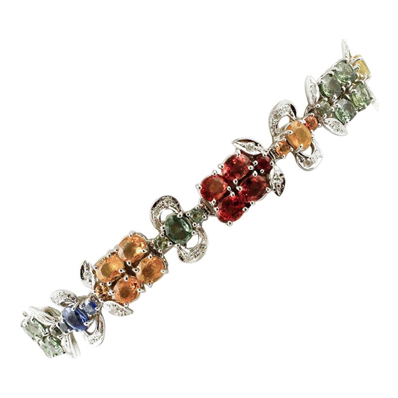 Diamonds, Colored Sapphires, 14 Karat White Gold Retro Link Bracelet For Sale