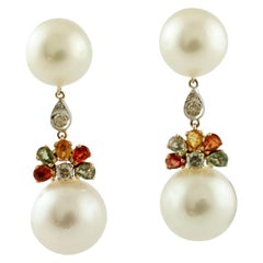Diamonds, Colored Sapphires, South Sea Pearls, 14k Rose and White Gold Earrings